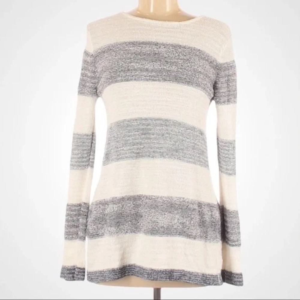 Calvin Klein Jeans Gray Cream Striped Split Back Sweater Womens M